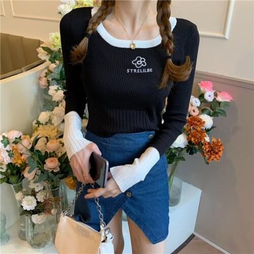Womens Sweaters Kawaii Korean Autumn Contrast Color Flower Embroidery Round Neck Slim Short Knit Female Pullovers