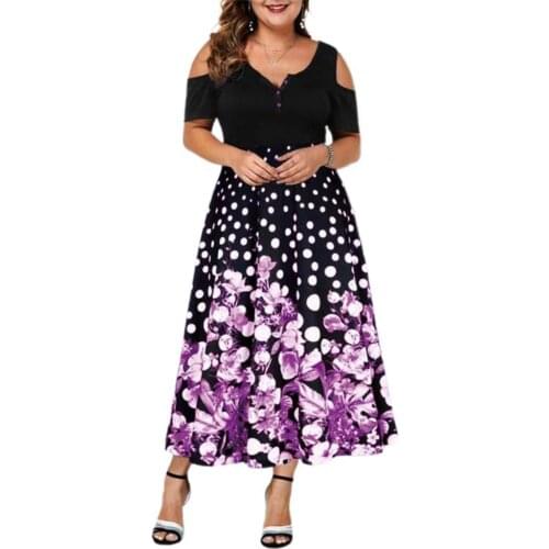 Women Summer Dress Digital Positioning Print Cold Shoulder Casual Buttons Large Hem Dress