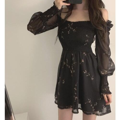 2021 New Autumn Women Sexy Black Dress Vintage Flower Long Puff Sleeve Chiffon Dresses Korean Casual Mini Vestidos Mujer Clothes