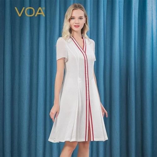 VOA Silk 22m/m Jacquard White Dresses for Women Filler Edge Georgette Short Sleeve Splicing Single-Breasted Slim Dress AE39