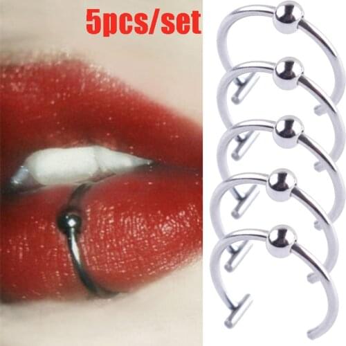 5Pcs Lip Rings Stainless Steel Open Ring Neutral Punk Lip Clip Fake Diaphragm with Perforated Lip Hoop Ring Body Jewelry