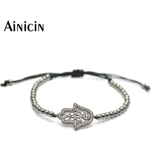 5pcs Gun Black Plated Rhinestone Setting Hamsa Hand Charms 4mm Copper Beads Toggle-clasp Adjustable Bracelet For Women #15