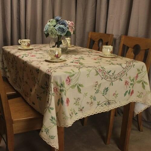 CURCYA Beige Table Cloth Cover Garden Flowers Printed Polyester Cotton Blended Decorative Tablecloth