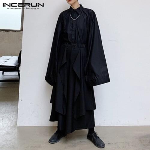 INCERUN Men Casual Loose Streetwear Men Wide Leg Pants Solid Color Elastic Waist Irregular Skirt Trousers Punk Black Joggers 5XL