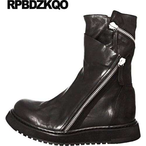 Faux Fur Korean Luxury Genuine Leather Shoes Zipper Flat Winter Runway Mid Calf Men High Quality Fall Black Full Grain Boots