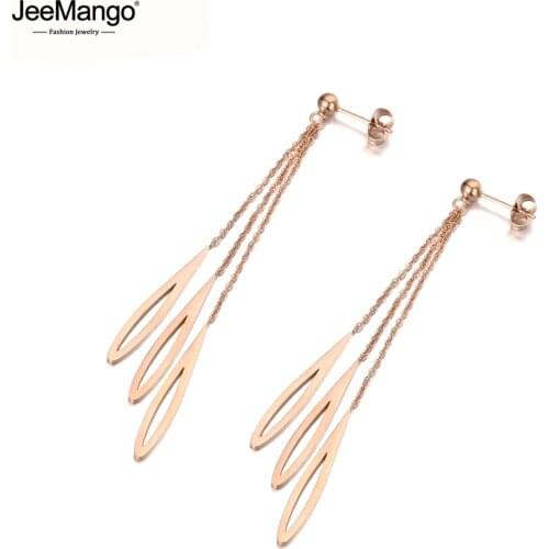 JeeMango Original Design Titanium Stainless Steel 3Pcs Water Drop Tassel Earrings For Women Bohemia Dangle Earrings JE19202