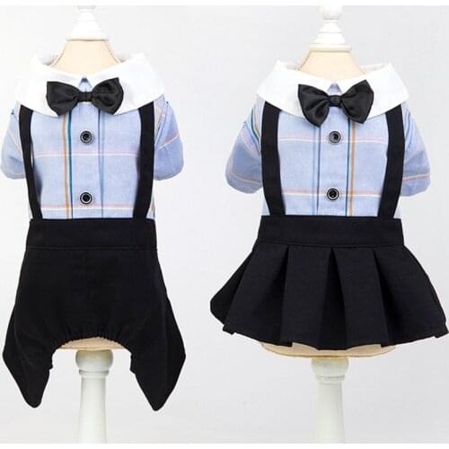 Plaid College Style Summer Dress Short-sleeved Couples Strapless Dress Shirt For Girls Dog Clothes For Chihuahua Blue Gray Skirt