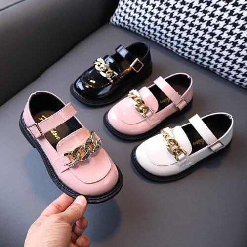 Girls' Leather Shoes 2021 Autumn New Childrens Solid Kids Shoes Western Style for Wedding Fashion Flats metal Button