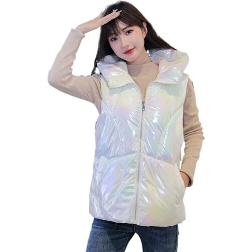 Lingwave Autumn Fashion Glossy Down Cotton Vest Womens Short Hooded Winter Student Loose All-match Sleeveless Warm Waistcoat