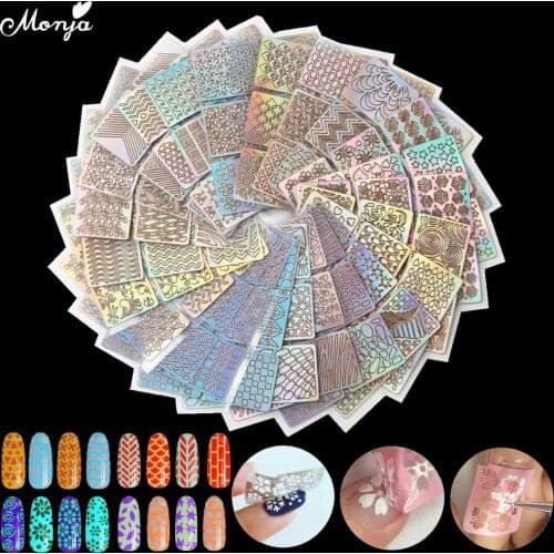 Monja 24Pcs/Set Nail Art Vinyls Hollow Laser Transfer Sticker Stencil 3D Image DIY Guide Template Stamp Decals Manicure Decor