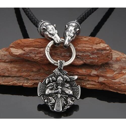 Mens Vintage Stainless Steel Norse Viking Odin Rosova Cross Warrior Pendant Necklace Black Cord Rope Chain Necklace Gifts