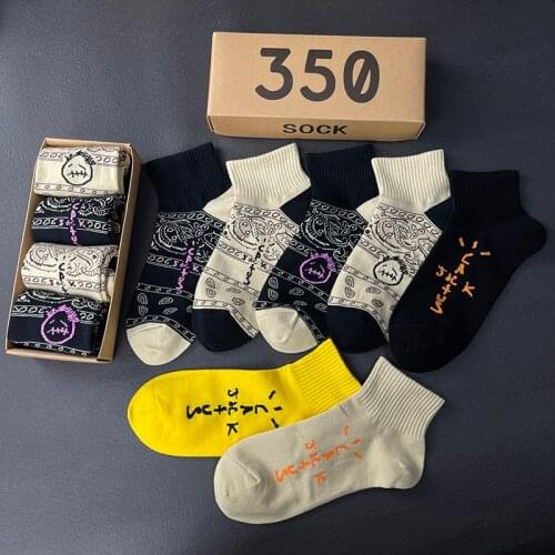 Mens Ankle Cactus Jack Socks Low Tube Cotton Travis scott Sport Hip Hop Skateboard Yellow /Black Sokken Wholesale 4 Pairs/Box