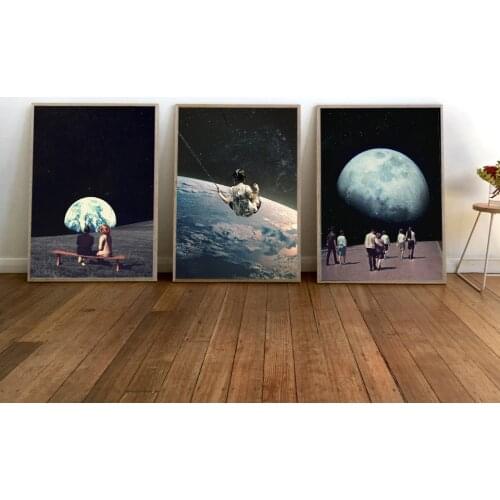 Night Sky Art Prints Earth Canvas Posters Surrealism Galaxy Space Moon Canvas Painting Swing Cosmic Wall Pictures Sci-Fi Decor