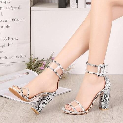 New Style Crystal Clear PVC Straps Party Sandals Chunky Buckle Snaleskin High Heel Shoes Causal Ladies Office Wedding Pumps Shoe