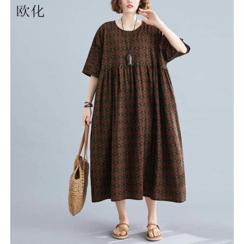 Women Cotton Linen Plaid Floral Dress Plus Size Korean Elegant Big Swing Dress Oversize Vintage Summer Maxi Long Dress 5XL 2020