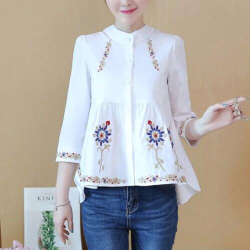 White Button Up Shirt Women Ethnic Embroidery 100% Cotton Tunic Blouse 3/4 Sleeve Loose Casual Ladies Tops