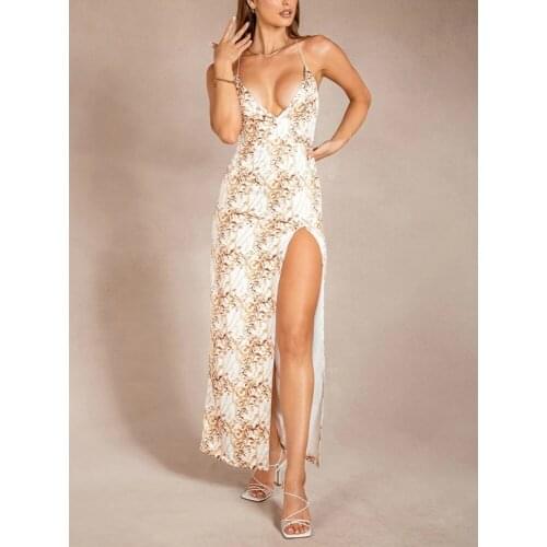 Sexy Maxi Dress V Neck Long Dress Printed High Split Backless Sling Ankle-length Maxi Dresses Party Dress Ladies Vestidos 2021
