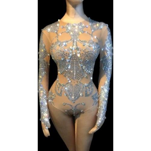 Sexy pole dance women dress rhinestone female bodysuit elastic slim tights singer jumpsuit diamonds outfits party wear cloth