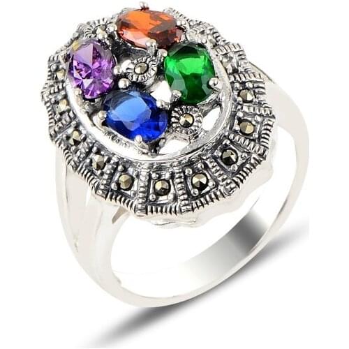Silver 925 Sterling Marcasite & Zircon Crystal Ring