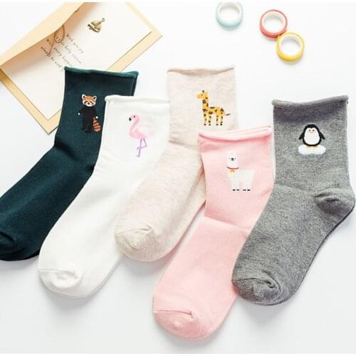 Cute japanese socks women funky happy dog flamingo pattern socks woman funny cotton winter novelty cozy crazy socks white pink
