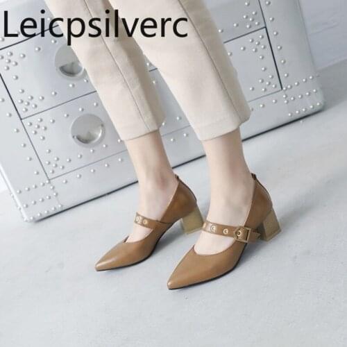Pumps Spring and autumn new style Pointed Shallow mouth Buckle Thick heel mid heel Womens single shoe plus size 32-46