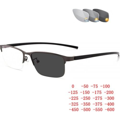 Outdoor Shade Anti-UV Semi-Rimless Photochromic Gray Square Prescription Eyeglasses Metal Short-sight Eyewear 0 -0.5 -0.75 To -6