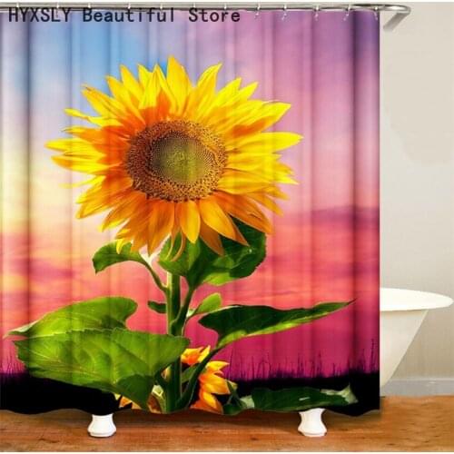 Digital Printed Shower Curtain Sunflower Design Bathroom Decoration Waterproof Polyester Fabric Cover Screen Set 180*180cm Size