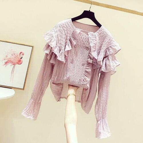 Flare Sleeved Solid Ruffles Women Blouse 2021 Summer New Turn-Down Collar Long-Sleeved Office Lady Elegant Pulls Tops Tees