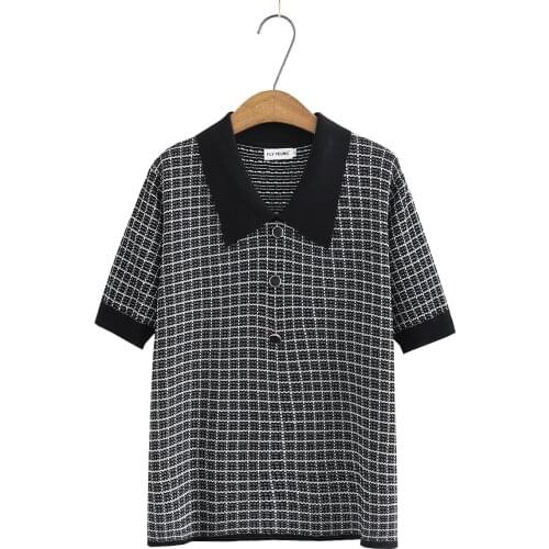 Plus size knitted cotton button women summer t shirt 2021 ladies short sleeve turn-down collar shirts femme black plaid t-shirt