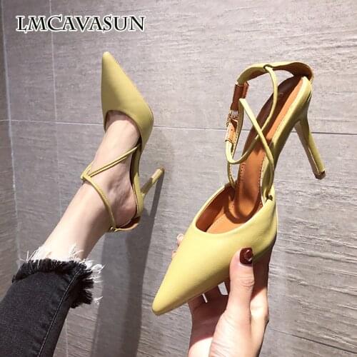 LMCAVASUN Baotou womens sandals summer 2021 new pointed fashion word buckle belt ladies fine-heeled cross strap high heels