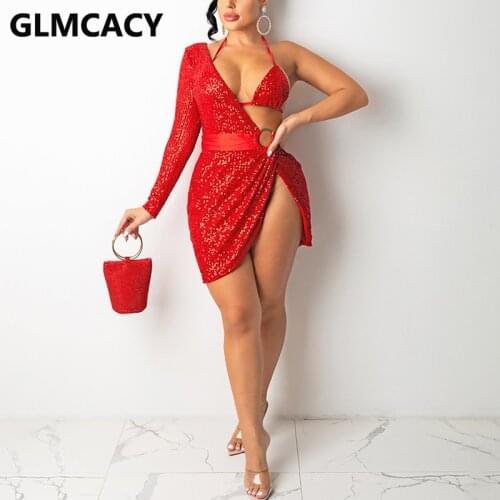 Women One Shoulder Sexy Sequined Party Club Mini Dress