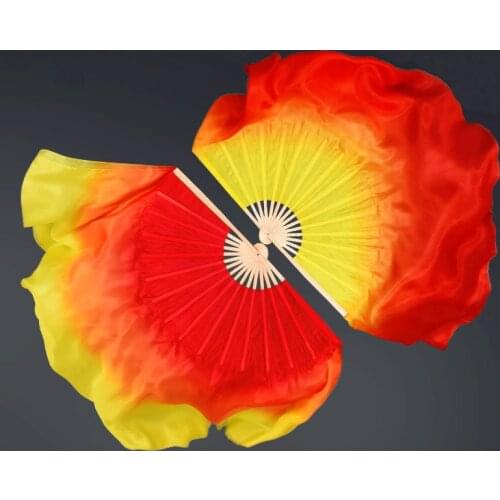 1Pair Two-Layers Double Fan Veils 100% Real Silk Bamboo Folding Fans Fire-color Stage Dancing Show Props Half Circle Silk Fan