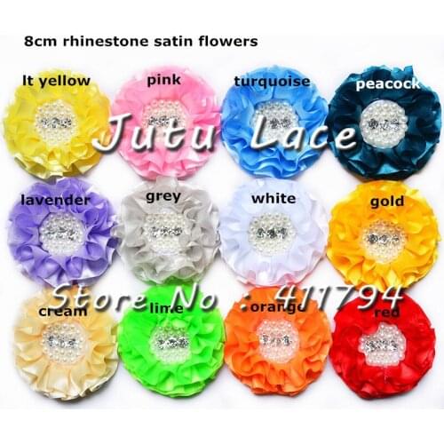 60 pcs /lot ' , 8cm '' satin rhinestone flowers , satin fabric flower , grosgrain flowers shabby flowers apparel DIY