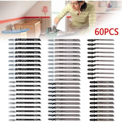 60pcs HCS T-shank Jigsaw Blade Curve Cutting Tool Kits Metal Steel Jigsaw Blade Set for Wood Plastic Woodworking Tools Cutting