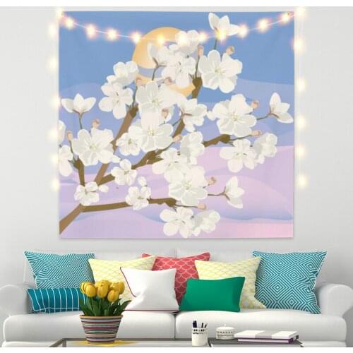 White Pear Blossoms and Colorful Sky Tapestry Vintage Exotic Summer Plant Nature Frame for Bedroom Photography Wall Decor