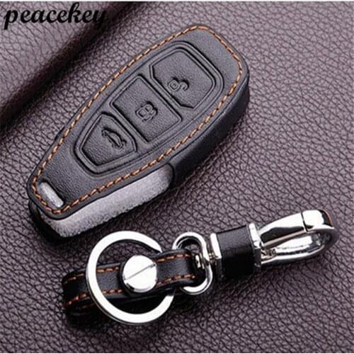Peacekey Leather Keychain Keyring Cover Holder For Ford 2013 2014 Focus 3 Fiesta Kuga Ecosport Fusion Leather Key Bag For Ford