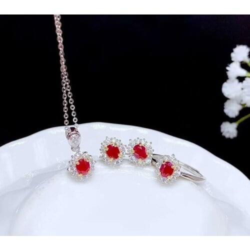 Elegant Natural Ruby Jewelry Sets for Women Party Ring Earrings and Necklace Fine Jewelry Genuine Red Gemstones S925 silver