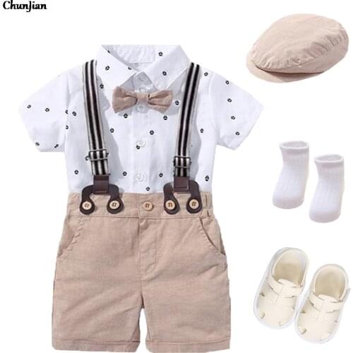 Baby Boy Romper Clothing Set Handsome Bow Suit Newborn 1th Birthday Gift Hat Printed Rompers Belt Infant Children Outfit Clothes