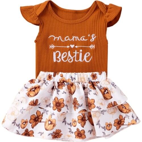 New Two Piece Baby Girl’s Clothes Fresh Letter Embroidery Fly Sleeve Romper and Flower A-line Skirt