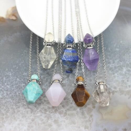 Plated Silvers Chain Faceted Rhombus Gems stone Perfume Bottle Pendant Necklace,Crystal Essential Oil Diffuser Vial Charms Gifts