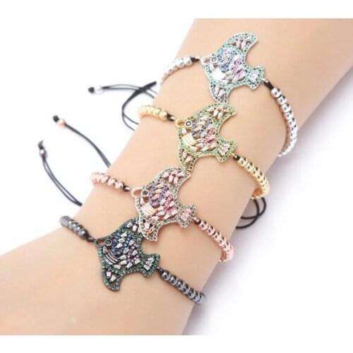 Gold silver micro pave cz zircon rope adjusted Copper Beads Braiding Bracelet fish bracelet jm7689 Charm Bangles for woman