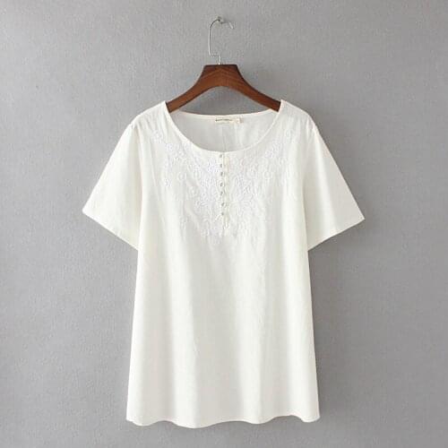 Plus Size XL-4XL Cotton&Line Tops Womens Short Sleeve Embroidery Tshirts Vintage Summer Shirts