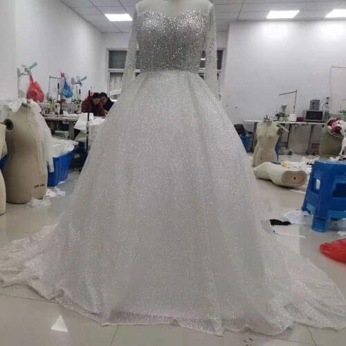 Real Photos Luxury Ball Gown Wedding Dresses with Sleeves Crystals Beaded Princess Wedding Dresses with Long Train Bridal Gowns