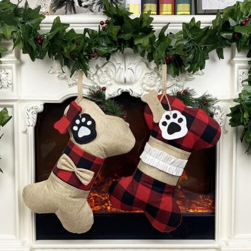 Big Buffalo Plaid Puppy Dog Christmas Stocking 42cm*26cm Cotton and Burlap Bone Christmas Gift Bags for Dog