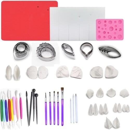 Penoy Petal Silicone Veiner Mold With Stainless Steel Cutter Brush Foam Mat Set Fondant Sugarcraft Baking Cake Decorating Tool