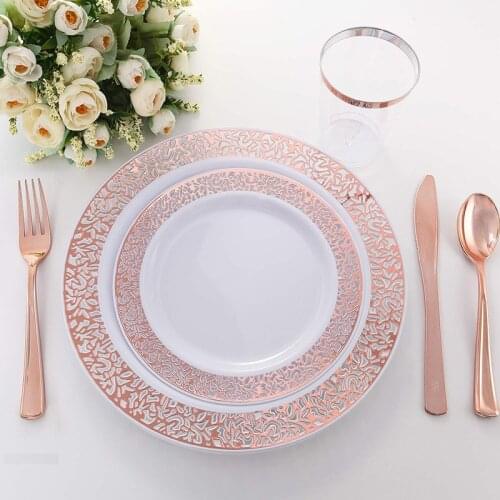 50-60pcs Disposable Tableware Birthday Party Wedding Plastic Golden Cutlery Rose Gold Rim Serve Plate Cup Knife and Fork Spoon