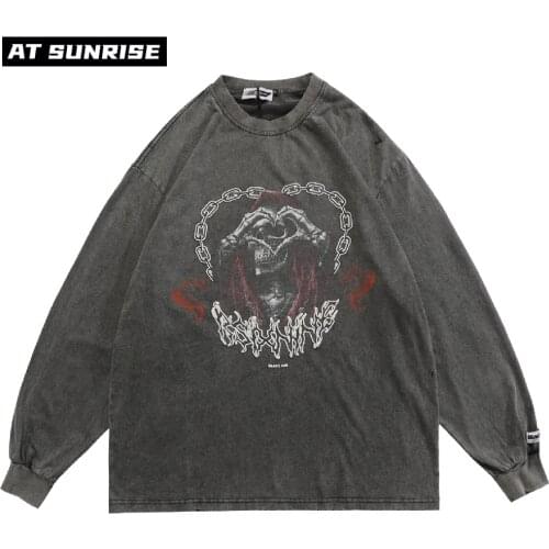 Hip Hop Streetwear Oversize T Shirt Chain Skull love Print T-Shirt Men Harajuku Cotton Loose Long Sleeve Tshirt Autumn Tops Tees