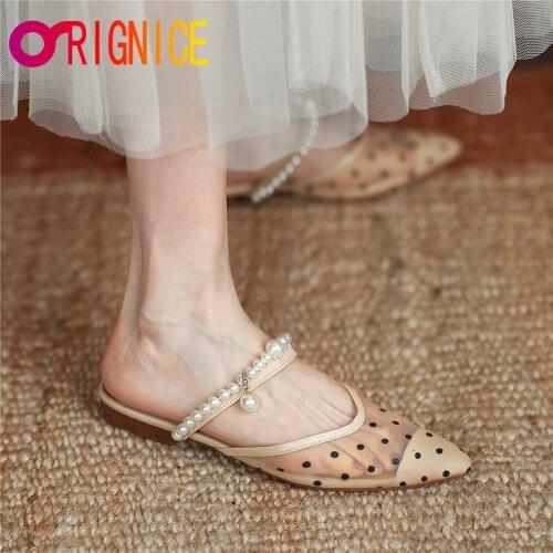 Orignice Handmade Shoes Cow Leather Mesh Pearl Flat Sandals Slipper Woman Mules Pointed Toe Beading Summer Dress Footwear