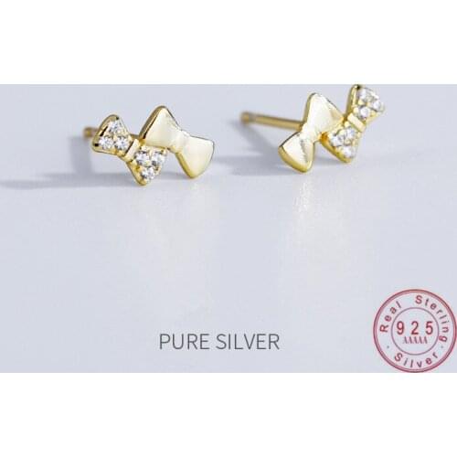 HI MAN 100% S925 Sterling Silver French Shiny Crystal Bow Stud Earrings Women Fashion Cute Student Jewelry