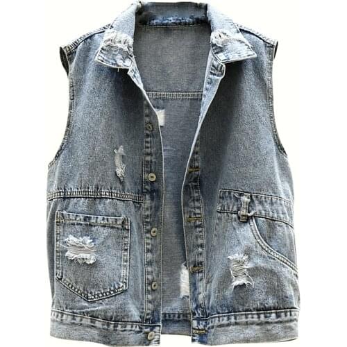 Korean Wild Denim Vest Coat Women 2021 New Hole Jacket Tops Woman Jeans Coats Casual Loose Denim Vest Waistcoat Sleeveless Coats